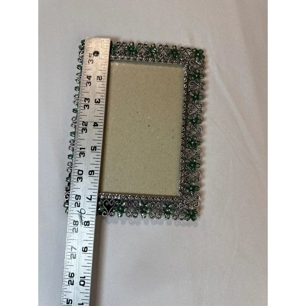 Vintage Silver Tone Green Enamel Flower Filigree Metal Picture Frame 4x5.5